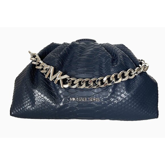 New Michael Kors Nola Small Snake Embossed Crossbody Chain Clutch Navy - Picture 1 of 6